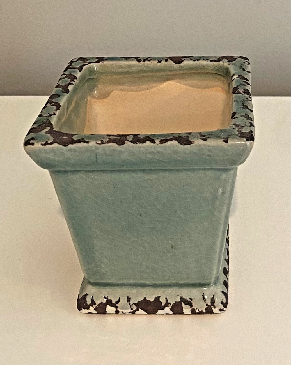 Celadon Sage Green Ceramic 4"H Cachepot Distressed Square Planter No Holes NWOT